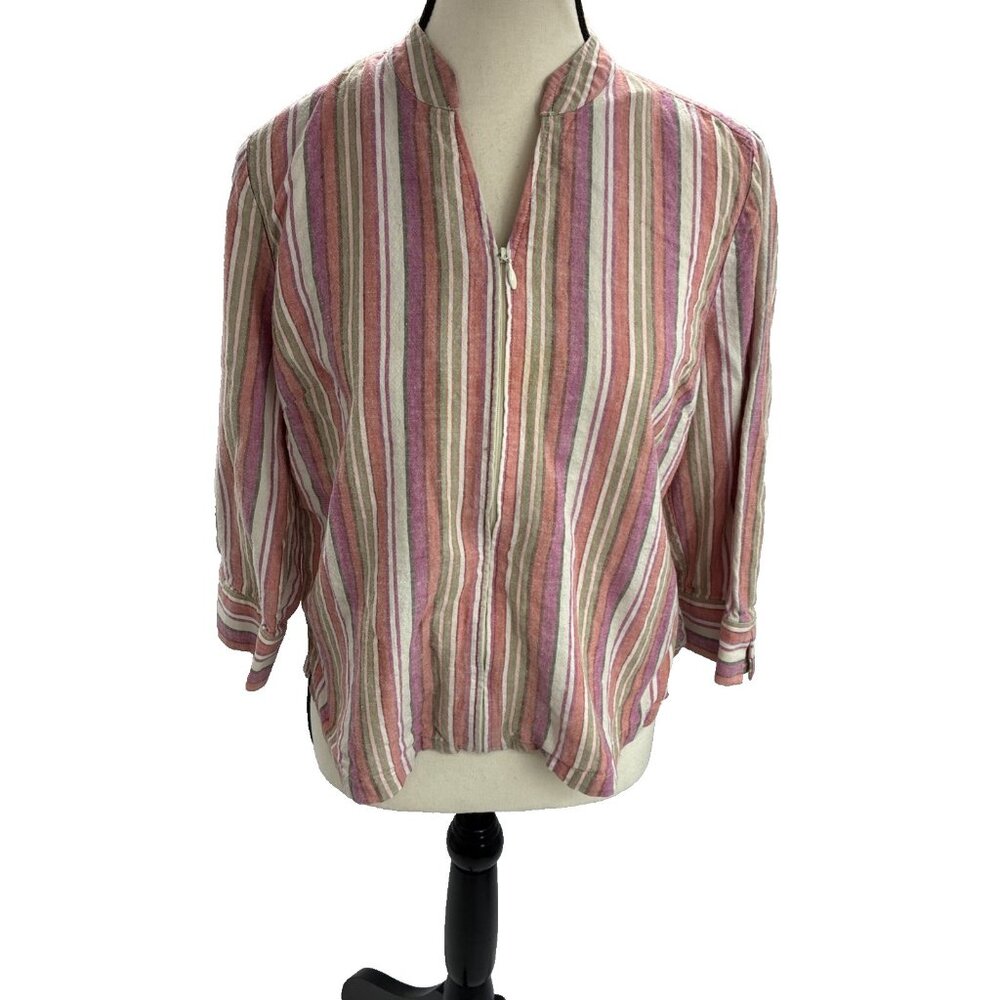 Christopher & Banks Womens Size M Top Pink Linen Blend Stripe 3/4 Sleeve Blouse